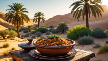 Desert Cuisine Dish Served on Wooden Table with Palm Tree View photo