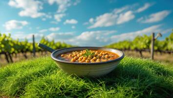 Bowl of Chickpea Soup on Grass with Vineyard Background photo