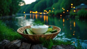 Creamy Dip with Cucumbers and Dill by Peaceful Lakeside at Dusk photo