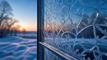 Frost Window with Snowy Landscape and Setting Sun View photo