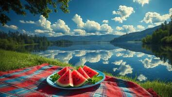 Enjoying Watermelon Picnic by a Peaceful Lake with Sky Reflections photo