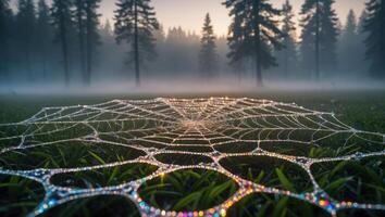 Sparkling Spiderweb Covered in Dew on Grassy Field at Dawn photo
