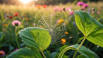 Spiderweb with Dew Drops on Green Leaves in a Flower Field photo