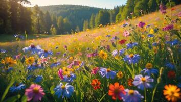 Blooming Meadow with Wildflowers and Distant Forest on Sunny Hillside photo