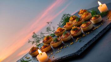 Appetizer Bites on Slate Board Lit by Candles Against Sunset Sky photo