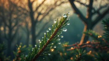 Pine Branch with Water Droplets Reflecting Light in Forest Setting photo