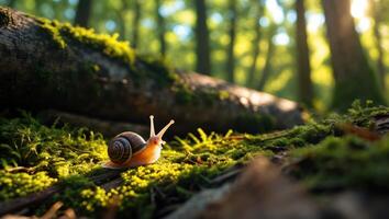 Snail Crawling on Mossy Ground in Forest During Sunny Weather photo