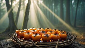 Persimmon Fruit Gathering in Forest with Sun Rays and Natural Nest photo