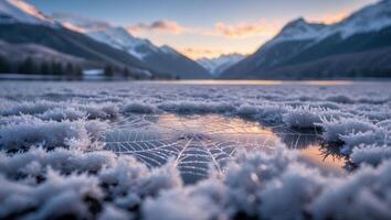 Frozen Lake Surface with Spiderweb and Mountain Backdrop at Sunset photo