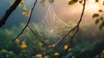 Spiderweb on Branch Twigs with Dewdrops Shimmers in Morning Sunlight photo