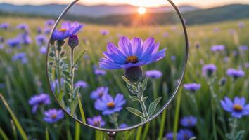 Purple Flower Field Captured Through a Circular Frame at Sunset photo