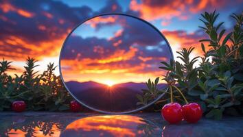 Cherries and Reflection Showing Mountain Sunset with Colorful Sky photo