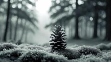 Pine Cone Resting on Moss in Forest with Foggy Atmosphere photo