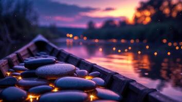 Stones in Boat at Sunset Reflecting on Water Surface photo