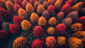 Aerial View of Autumn Trees with Pumpkins Scattered on Ground photo