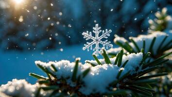 Snowflake on Pine Branch with Falling Snow in Winter Sunlight photo