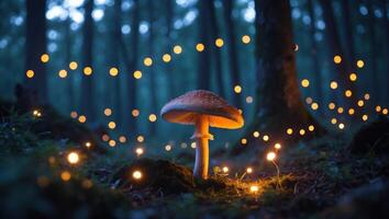 Glowing Mushroom in Forest with Fairy Lights and Magical Atmosphere photo