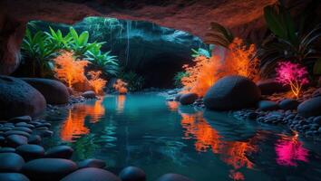 Serene Cave Pool Reflecting Colorful Plants and Rock Formations photo