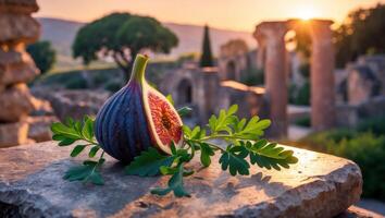 Fresh Fig Resting on Stone Slab with Ancient Ruins Backdrop photo