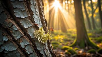 Ants Crawling on Tree Bark in Forest with Golden Sunrays photo
