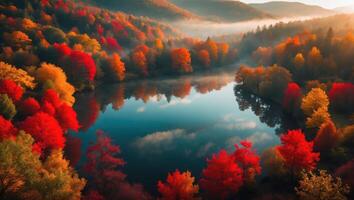 Scenic Autumn Lake Reflection Surrounded by Colorful Trees and Morning Mist photo