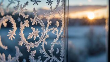 Frost Pattern on Window with Sunrise View Creating Winter Magic photo