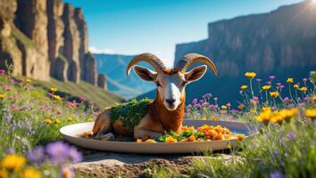 Resting Goat with Horns in Flower Field on Decorative Plate photo