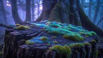 Glowing Moss on Tree Stump in Enchanted Forest with Dreamy Atmosphere photo