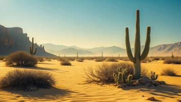 Cactus Standing Tall in Desert Landscape with Distant Mountains at Daytime photo