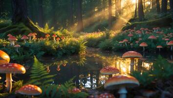 Mushrooms in Forest with Sunlight and Water Reflection Scenery photo