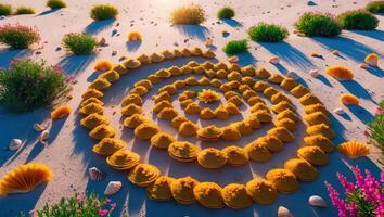 Creating Spiral Pattern with Seashells and Flowers on a Sandy Beach photo