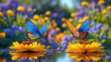 Butterflies on Flowers Reflecting in Water in a Colorful Field photo