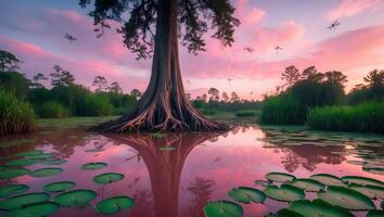 Tree Reflecting in Still Water with Dragonflies at Colorful Sunset photo
