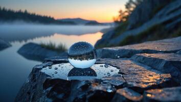 Lensball Reflecting Lake at Dawn on Wet Rock Surface photo