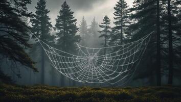Spiderweb Hanging in a Forest with Misty Background Creating Mystery photo