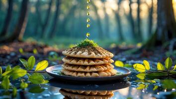 Pancake Stack in Forest Being Drizzled with Liquid, Nature Backdrop photo