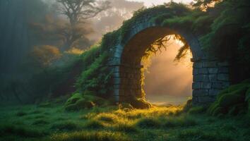 Stone Archway in Misty Forest with Golden Sunlight Streaming Through photo
