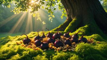 Harvested Vegetables Resting on Mossy Ground with Sun Rays Filtering Through photo