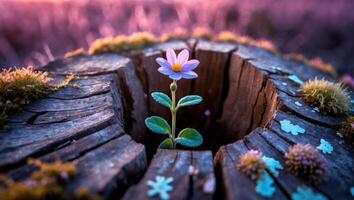 Flower Growing in Old Tree Stump Symbolic of New Beginnings photo