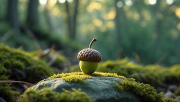 Acorn Resting on Mossy Rock in Forest Sunlight Creates Peaceful Scene photo