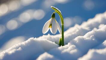 Snowdrop Flower Bloom in Snow with Sun Flare Background Image photo
