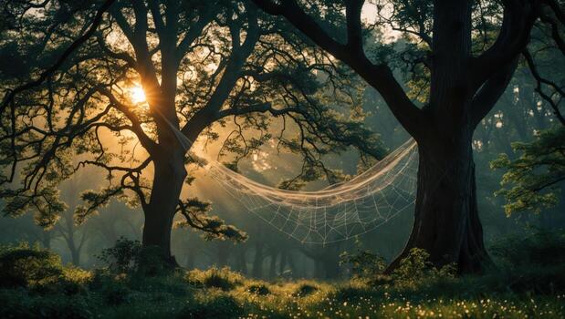Spiderweb Hanging Between Trees in Forest with Sunlight Shining Through photo
