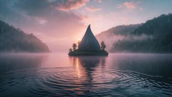Island Lake Scenery with Unusual Mountain and Rain Reflection photo