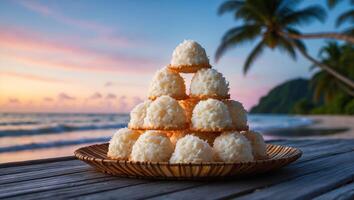 Coconut Macaroon Tower on Wicker Plate with Tropical Beach Sunset photo