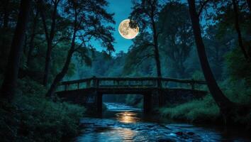 Stone Bridge Over River with Full Moon Shining Through Trees photo