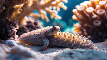 Lizard Resting on a Sea Cucumber in a Coral Reef Setting photo