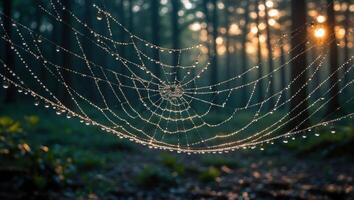 Spiderweb with Dew Drops Glowing in Forest at Sunset photo