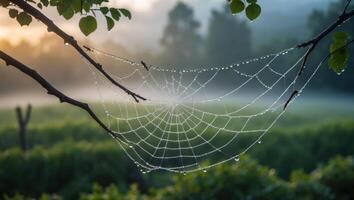 Spiderweb Adorned with Dewdrops Hanging Between Tree Branches in Fog photo
