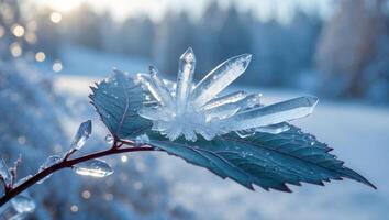 Ice Crystals Forming on a Leaf During Cold Winter Season photo