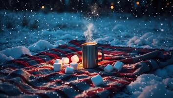 Steaming Mug and Marshmallows on Blanket During a Winter Snowfall photo